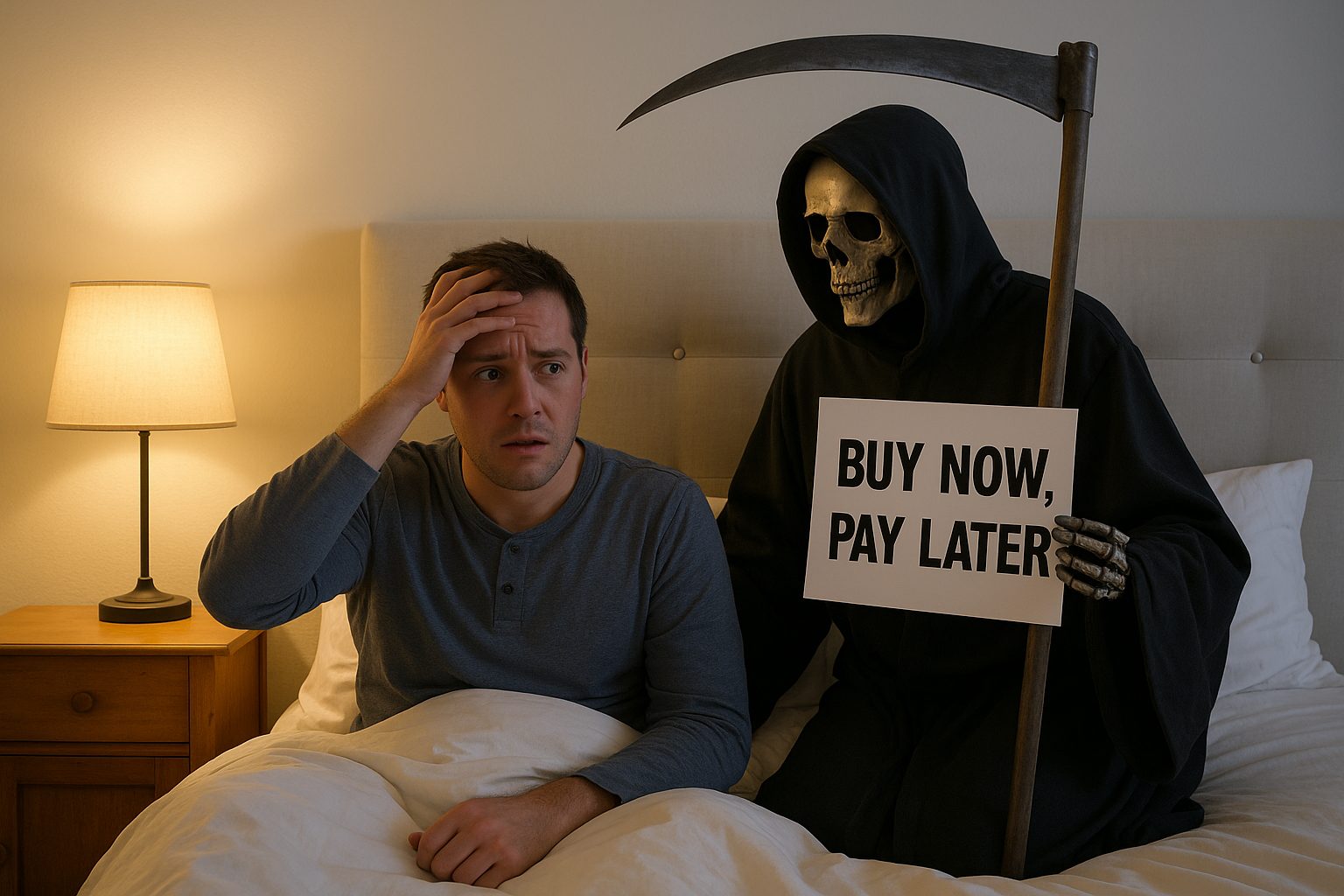 man with grim reaper and buy now pay later sign