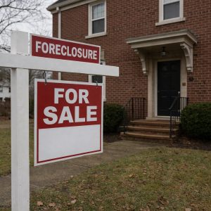 Foreclosure sign in front of house