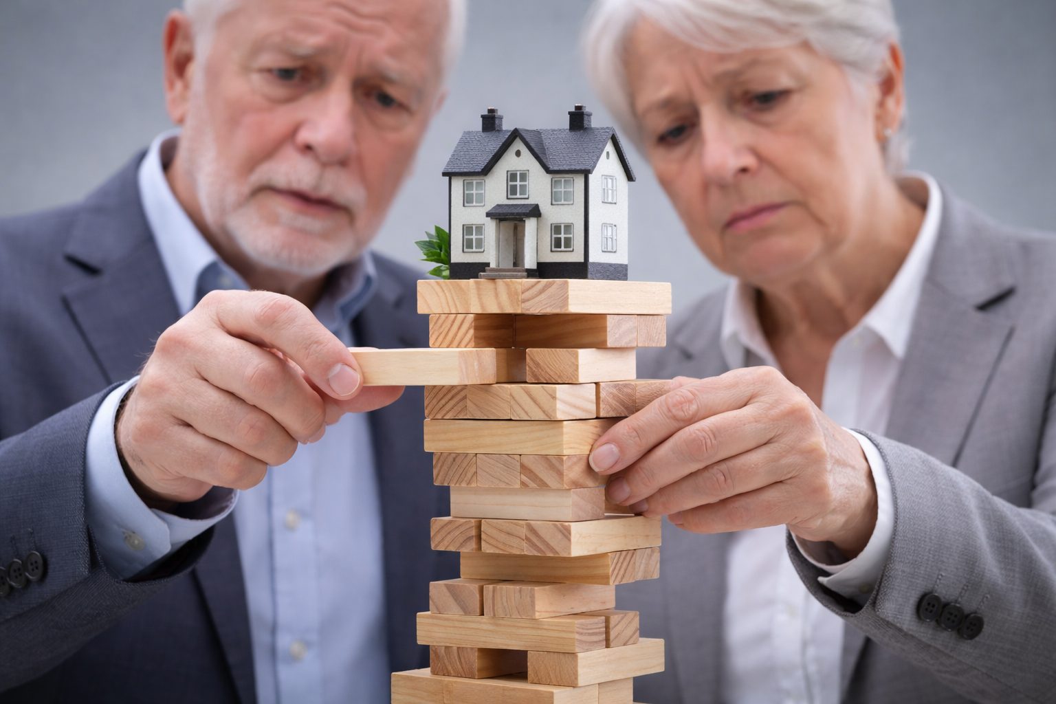 Man & woman foreclosure house couple playing jinga with their home